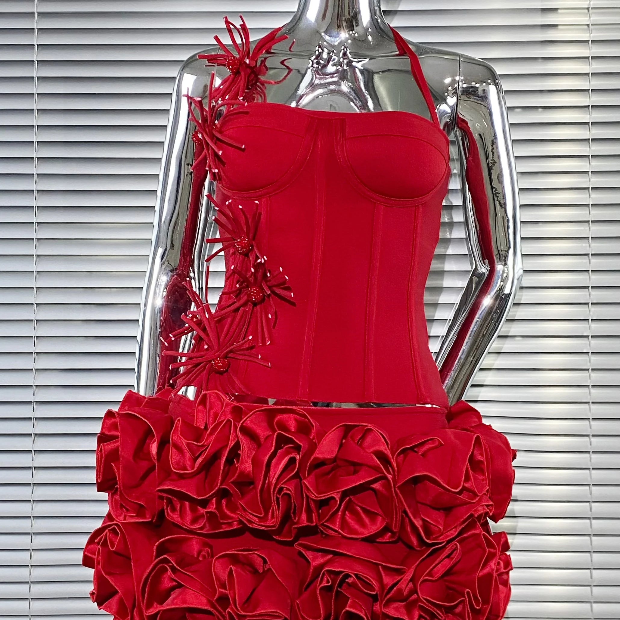 Black Red Color Women Sexy Strapless Laced-up Tops Florlas Bodycon Mini Skirt Set Celebrate Birthday Party Cocktail Dress Red