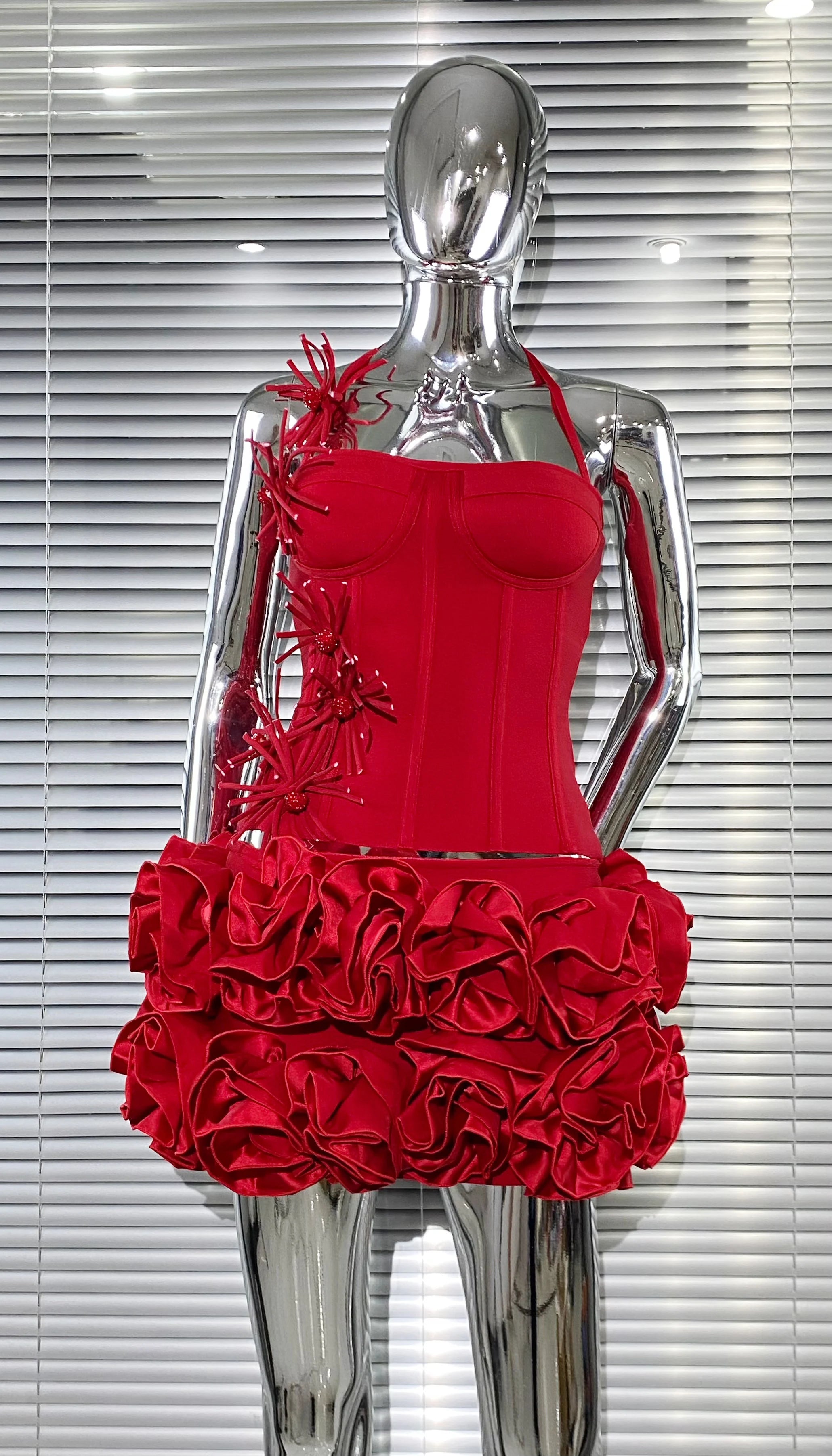 Black Red Color Women Sexy Strapless Laced-up Tops Florlas Bodycon Mini Skirt Set Celebrate Birthday Party Cocktail Dress Red