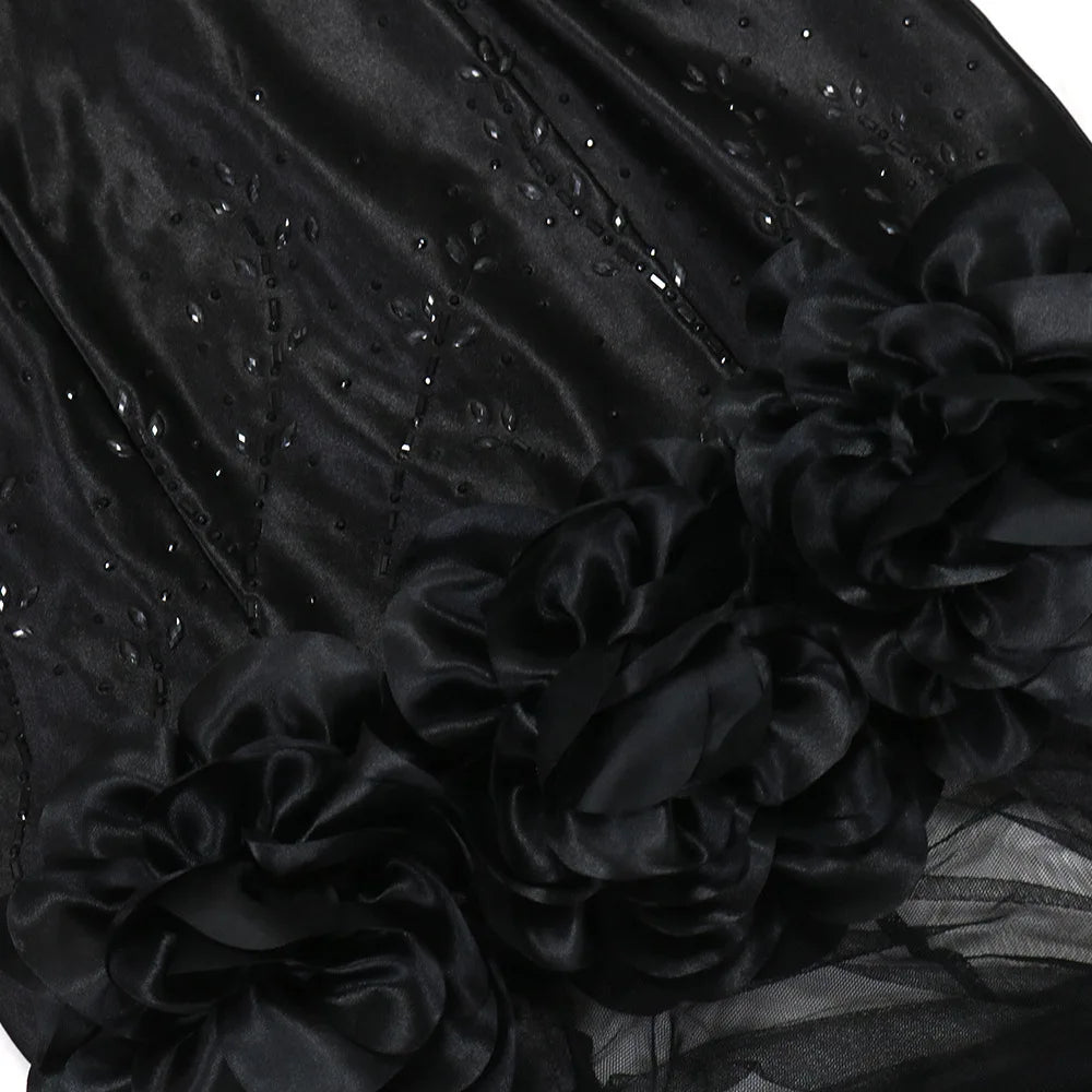 Diamonds 3D Flower Mesh See Through Women Sleeveless Bodycon Long Dress Birthday Party Evening Prom Maxi Mermaid Dresses