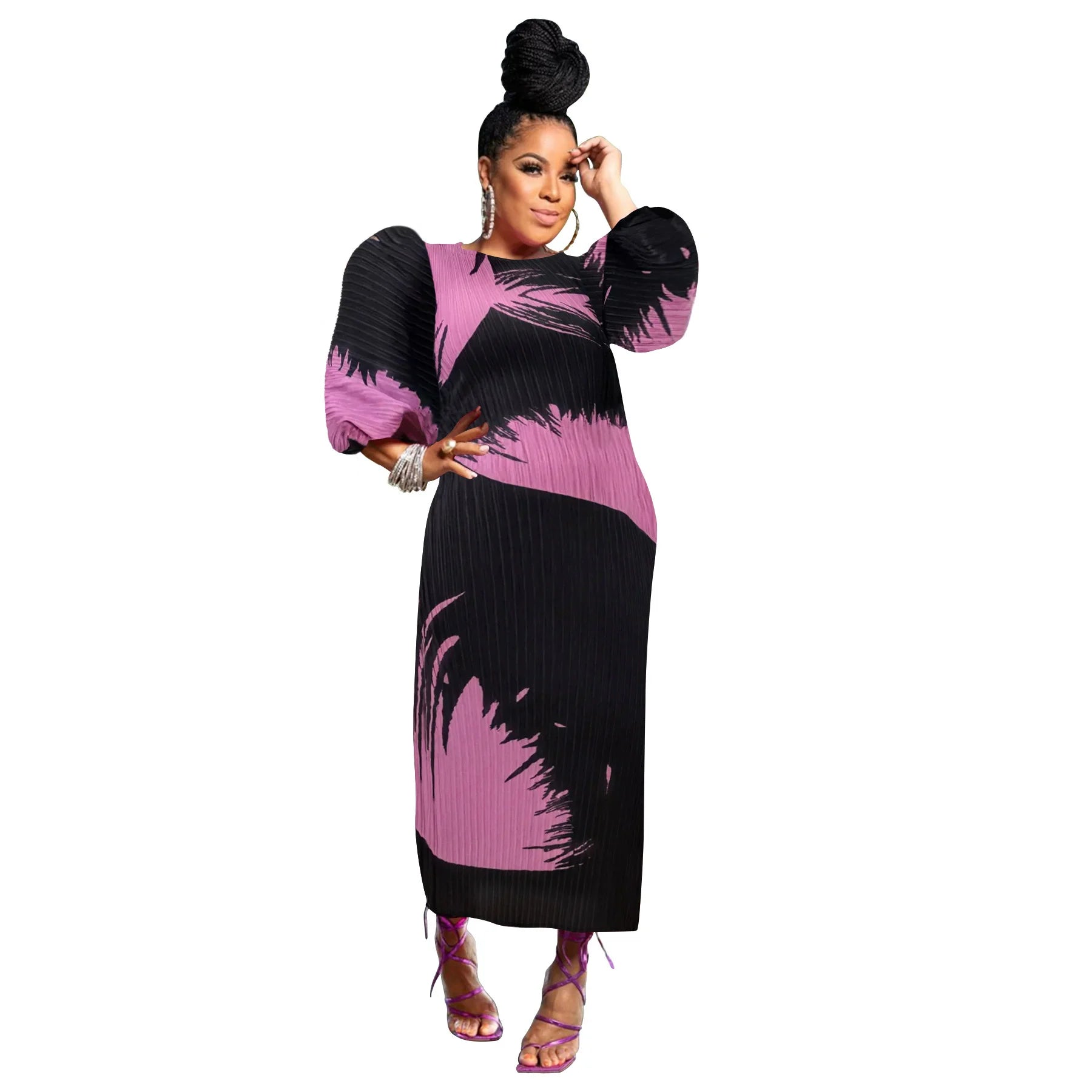 Elegant Women Pleated Half Lantern Sleeve O-neck Slim Maxi Long Dress Print Fashion Autumn 2024 Ruched Dresses Vestidos Fuchsia One Size