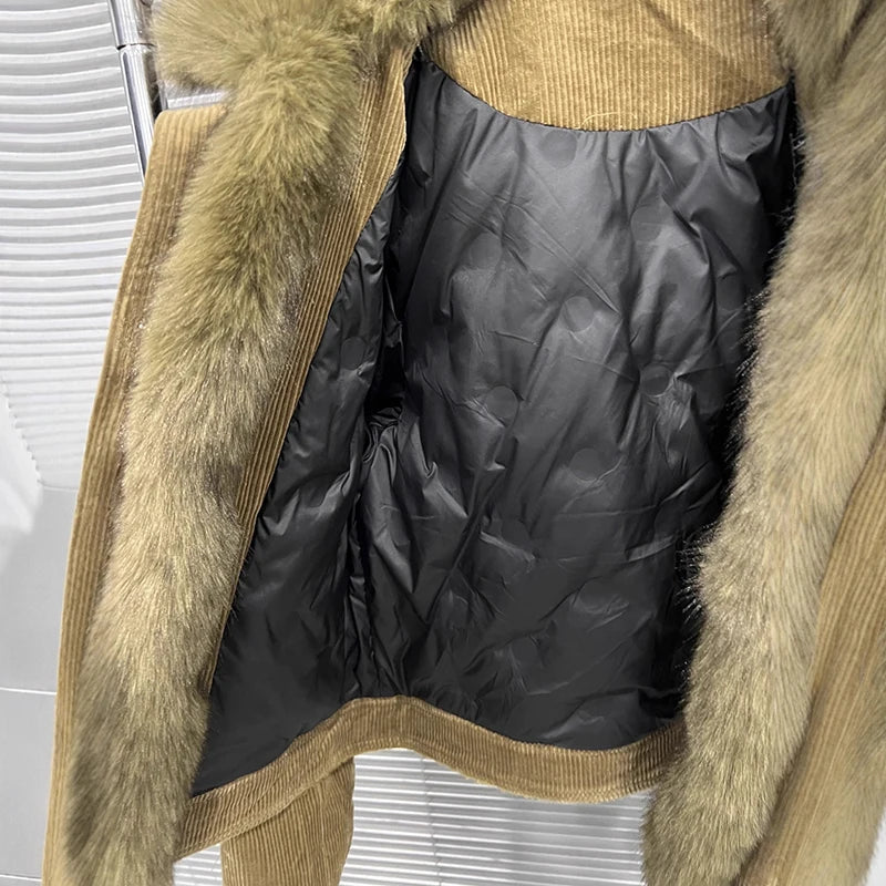 Autumn Winter New Corduroy Detachable Fur Collar Coat For Women Quilted Loose Warm Jacket Female 11A07907