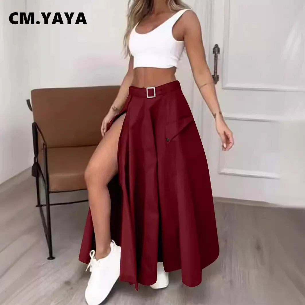 Women Fashion Pocket Front Zipper Slit Slim High Waist Maxi Skirt Streetwear Casual Safari Solid Long Skirts