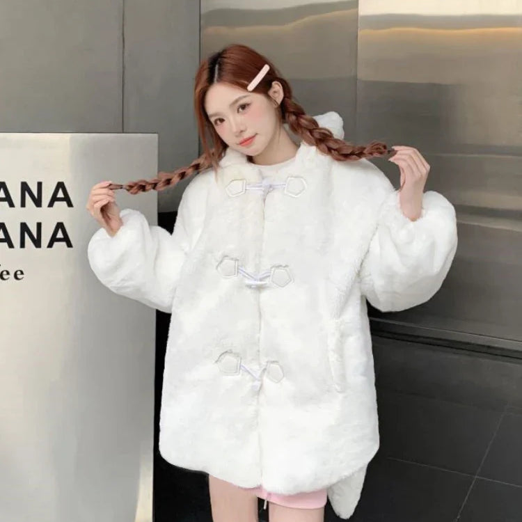 Winter Oversized Warm White Faux Fur Coat Women ith Bunny Ears Kawaii Sweet Cute Japanese Style Fluffy Jacket Hoodie