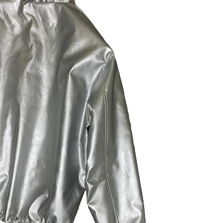 Mauroicardi Autumn Oversized Waterproof Silver Faux Leather Jacket Men with Drawstring Hood Zipper Loose Casual Korean Fashion