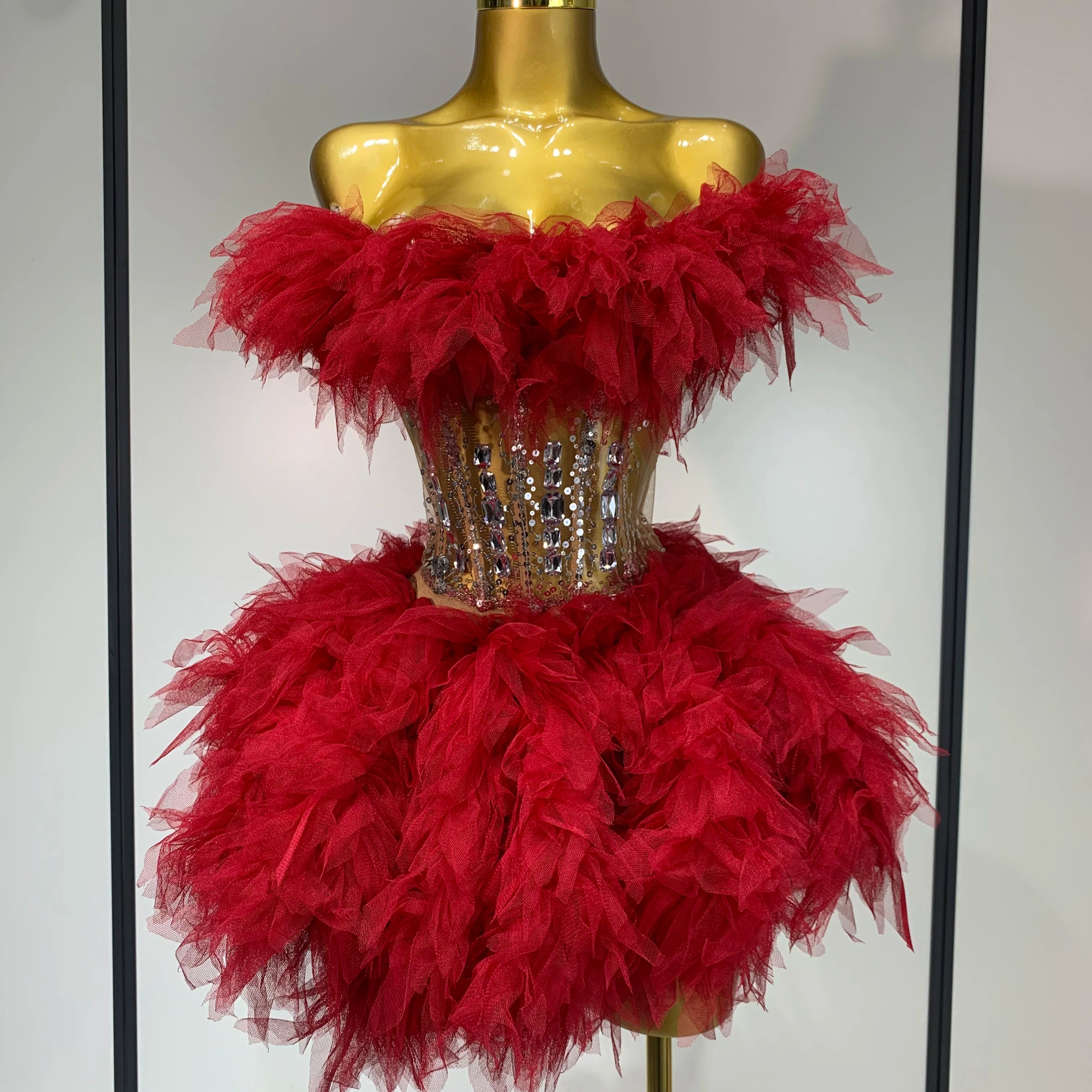 Sexy Strapless Red Mesh Two Pieces Set Singer Nightlcub Party Stage Outfit Photo Shoot 2025 Prom Gown Luxury Birthday Dresses Red