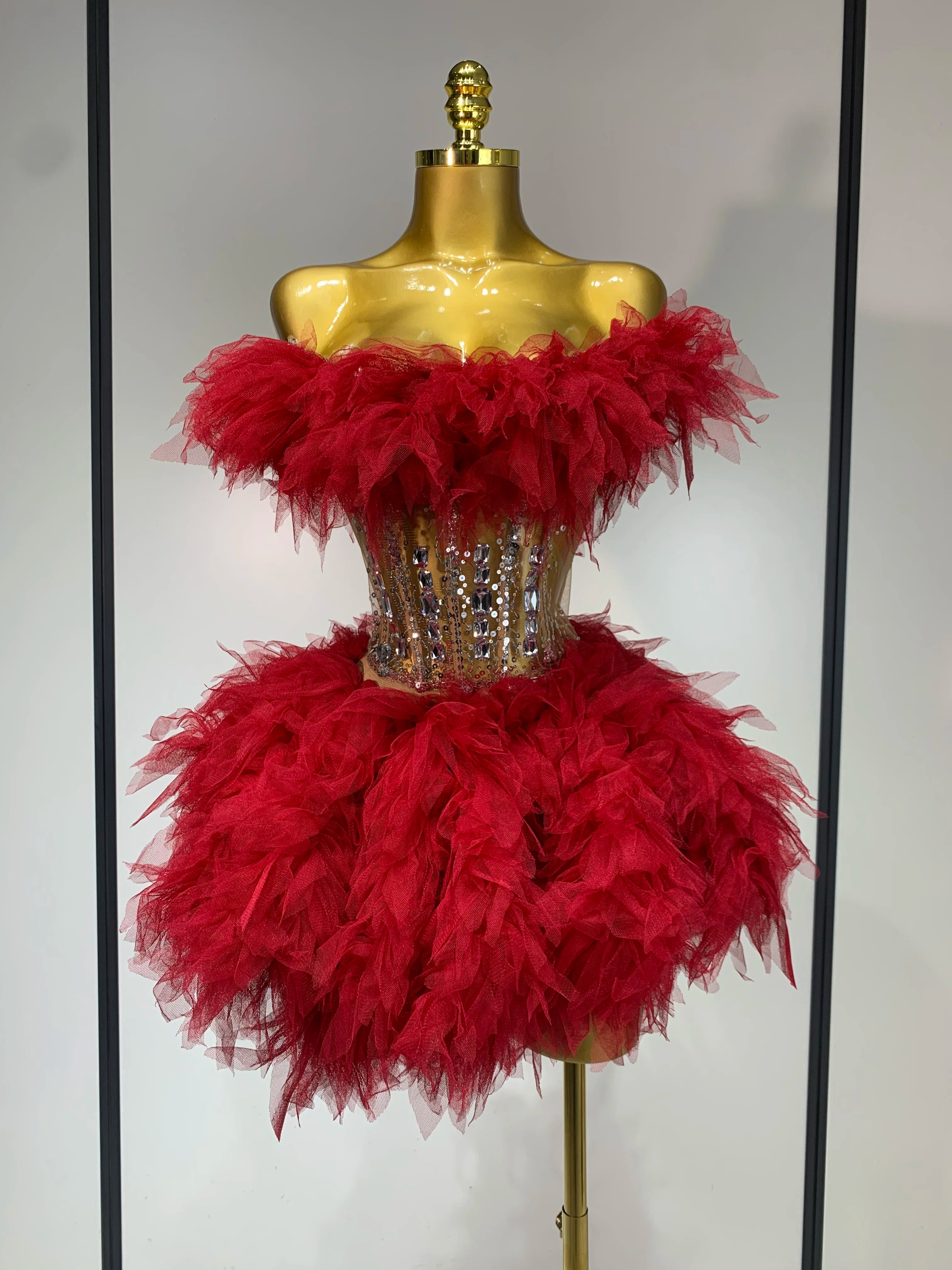 Sexy Strapless Red Mesh Two Pieces Set Singer Nightlcub Party Stage Outfit Photo Shoot 2025 Prom Gown Luxury Birthday Dresses Red