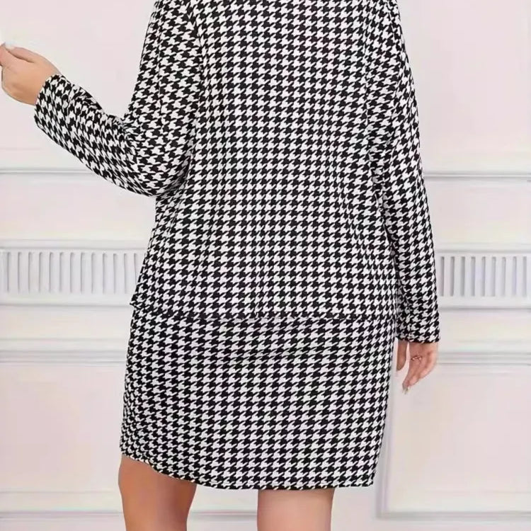 Plus Size Houndstooth Plaid Autumn 2 Two Piece Set Women Long Sleeve Ladies Cropped Coats Sleeveless Slip Modis Woman Mini Dress