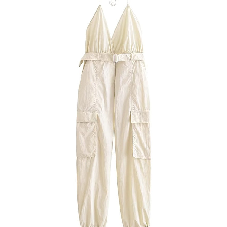 TRAF Summer Women Safari Style Jumpsuit With Belt 2024 New Female Solid Pocket Decoration Deep V-Neck Backless Camisloe Bodysuit