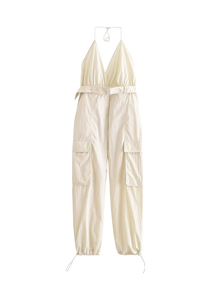 TRAF Summer Women Safari Style Jumpsuit With Belt 2024 New Female Solid Pocket Decoration Deep V-Neck Backless Camisloe Bodysuit