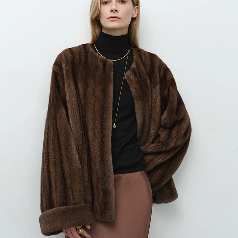 Lautaro Autumn Winter Short Luxury Elegant Thick Warm Soft Brown Faux Mink Fur Coat Women Long Sleeve Modern Chic Fluffy Jacket