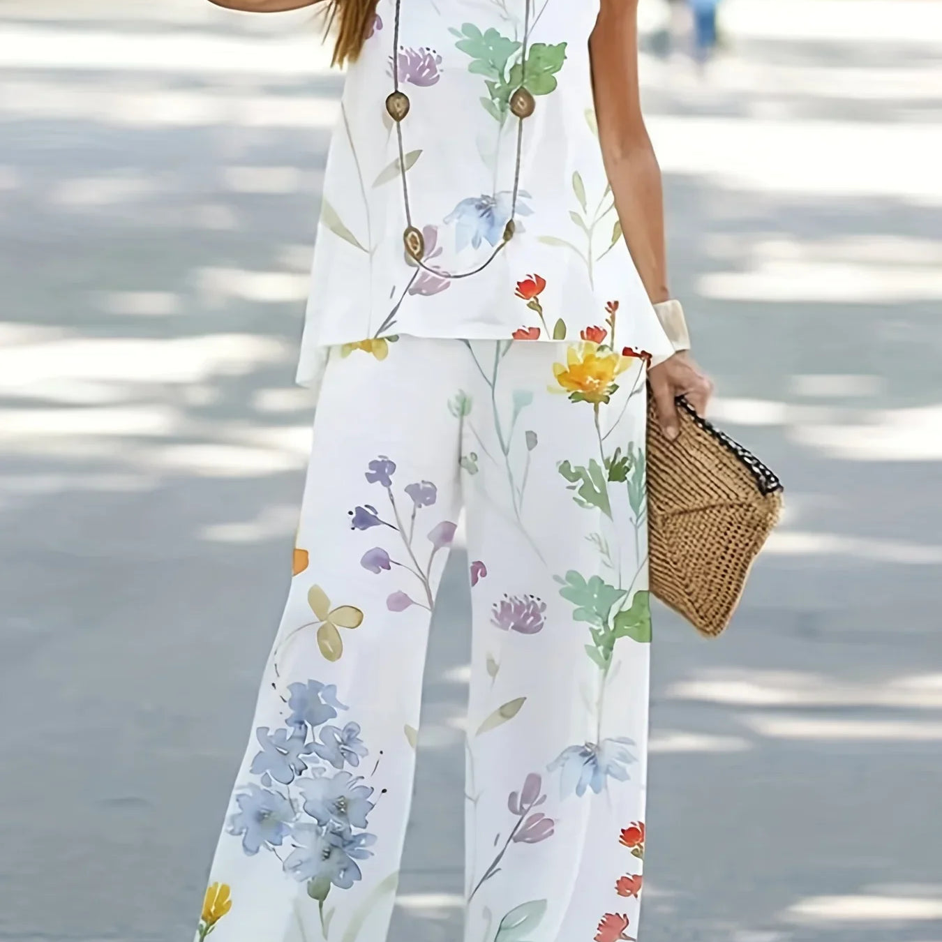 Plus Size 1XL-8XL Women's Casual Outfits Two Piece Set Solid Round Neck Tank Top Wide Leg Pants Outfits 2 Piece Set WHITE