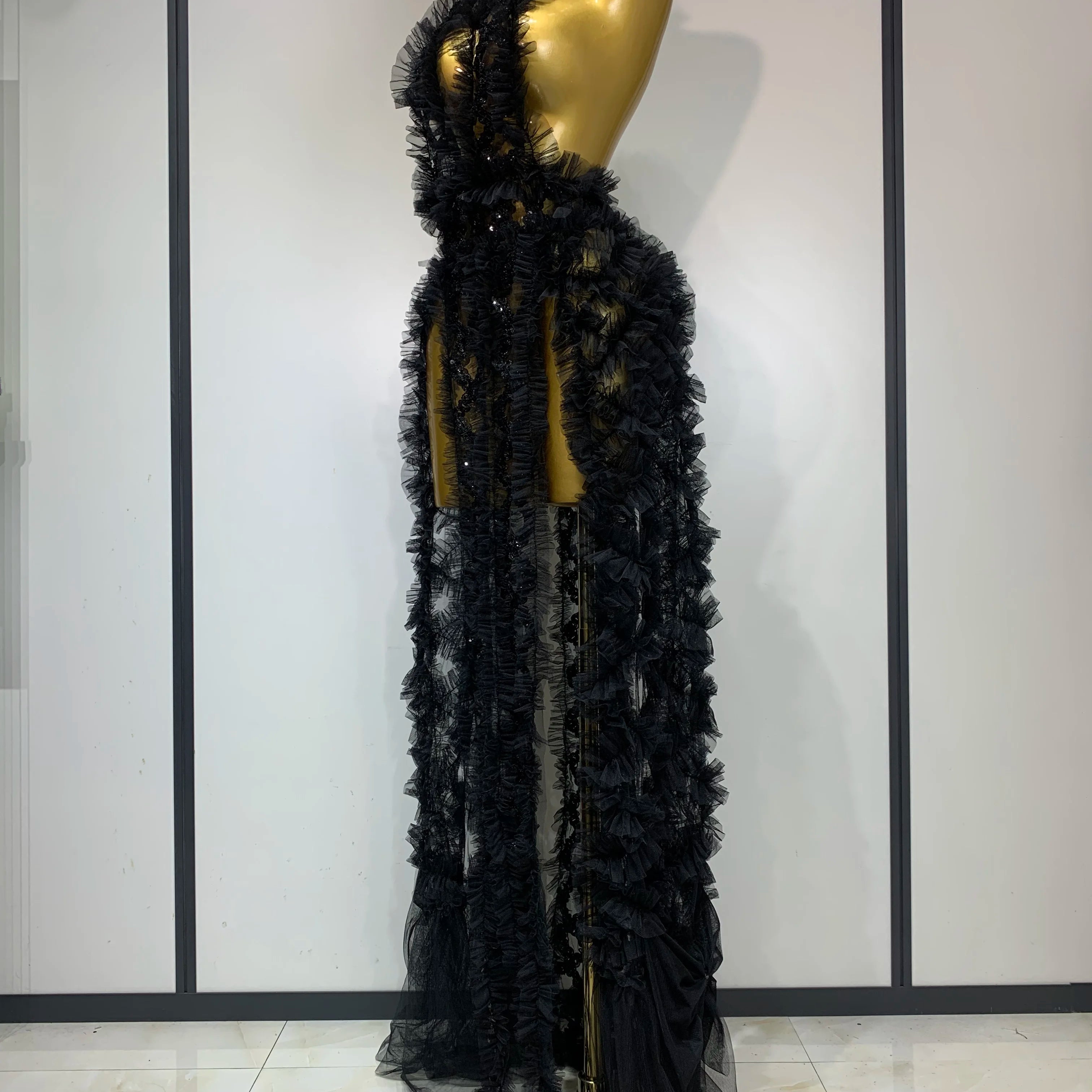 Black Mesh Sequins Sexy Halter See Through Dress 2025 Evening Party Prom Nightclub Singer Performance Costume Stage Wear