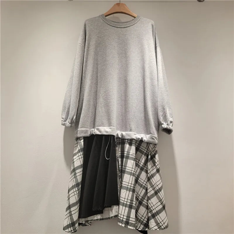 Autumn Winter New Fashion Plaid Fake Two-Piece Patchwork Sweatshirt Dress For Women Mid-Length Dresses Female 11A07720 Gray One Size