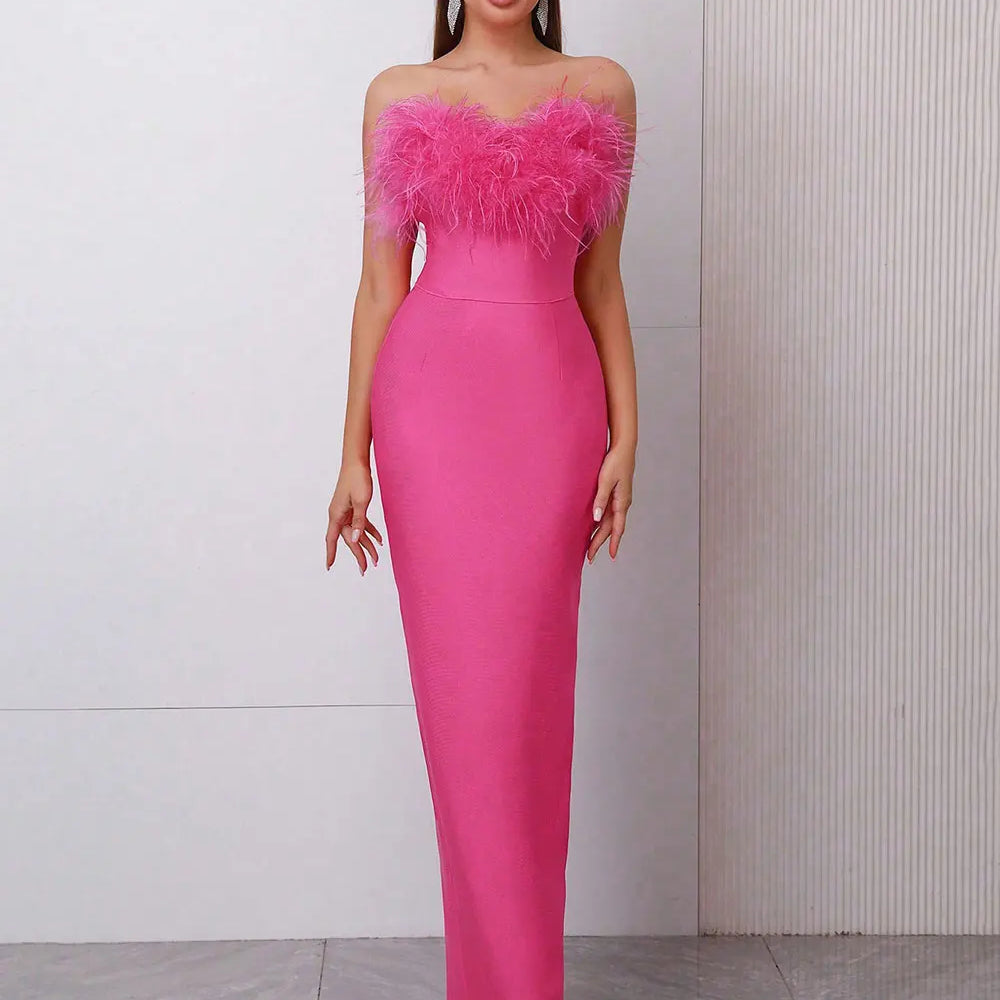 2025 Spring Sexy Women Feather Design Bandage Dress Strapless Sleeveless Bodycon Backless Long Dress Evening Club Party Vestidos Rose Red