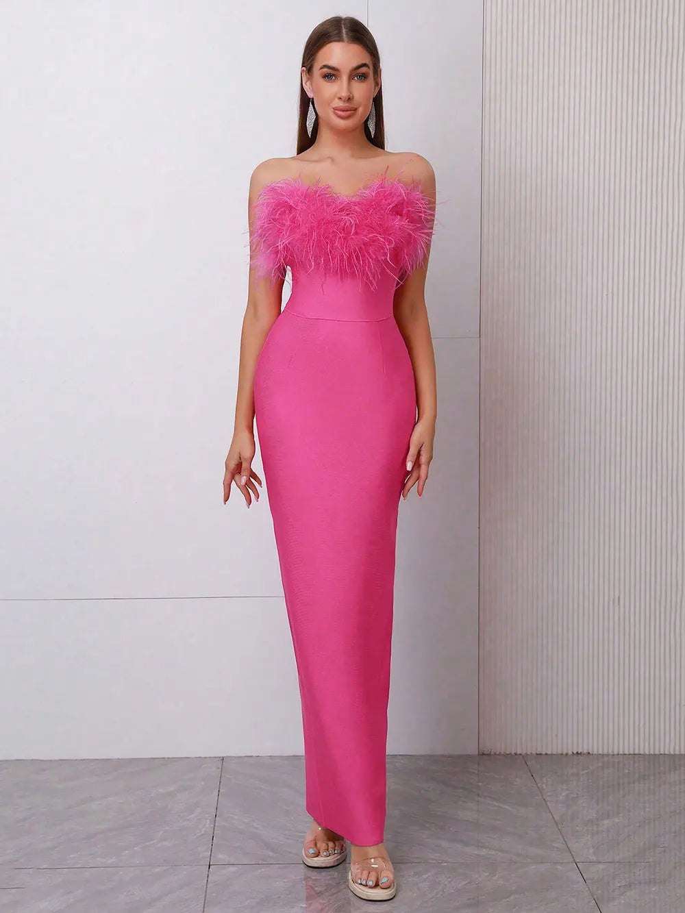 2025 Spring Sexy Women Feather Design Bandage Dress Strapless Sleeveless Bodycon Backless Long Dress Evening Club Party Vestidos Rose Red