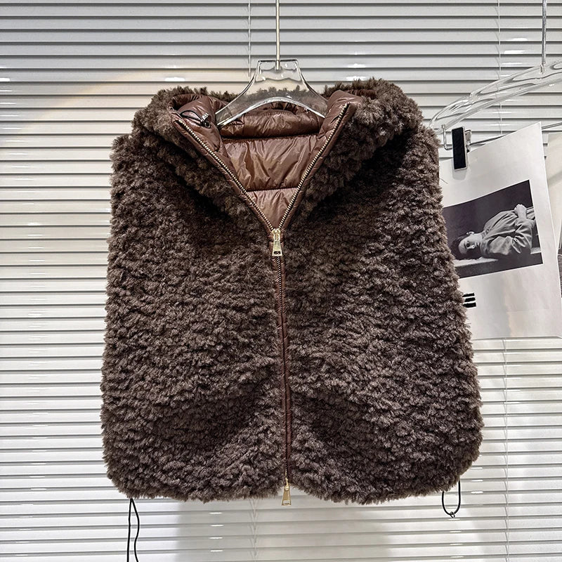 Winter New Fashion Fur Patchwork Design Hooded Warm Cotton Vest For Women Versatile High Street Waistcoat 11A07740 Brown One Size