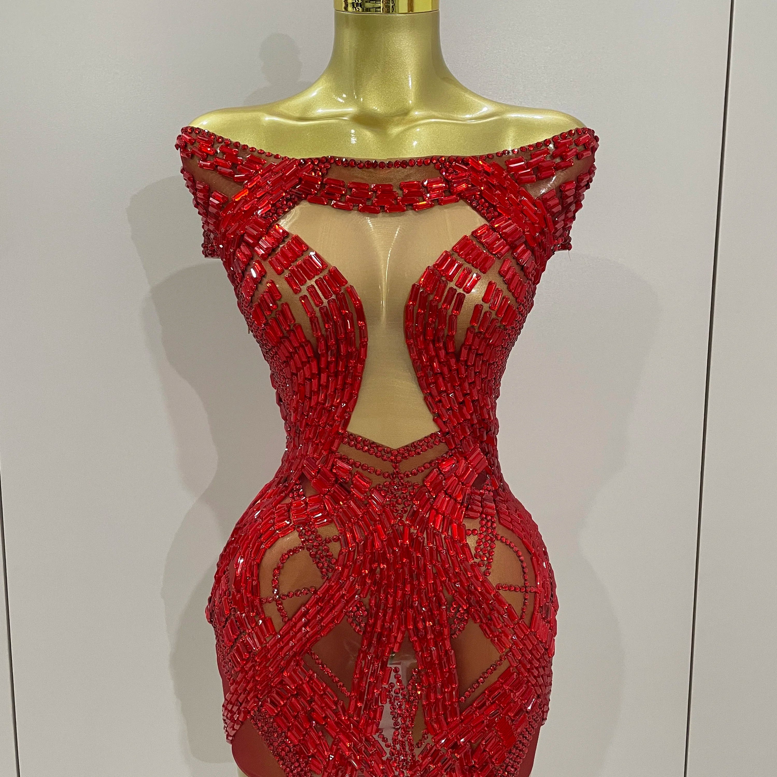 See Through Rhinestone 2025 Shining Red Rhinestones Sexy Mesh See-Through Mini Dress Women Ce ...