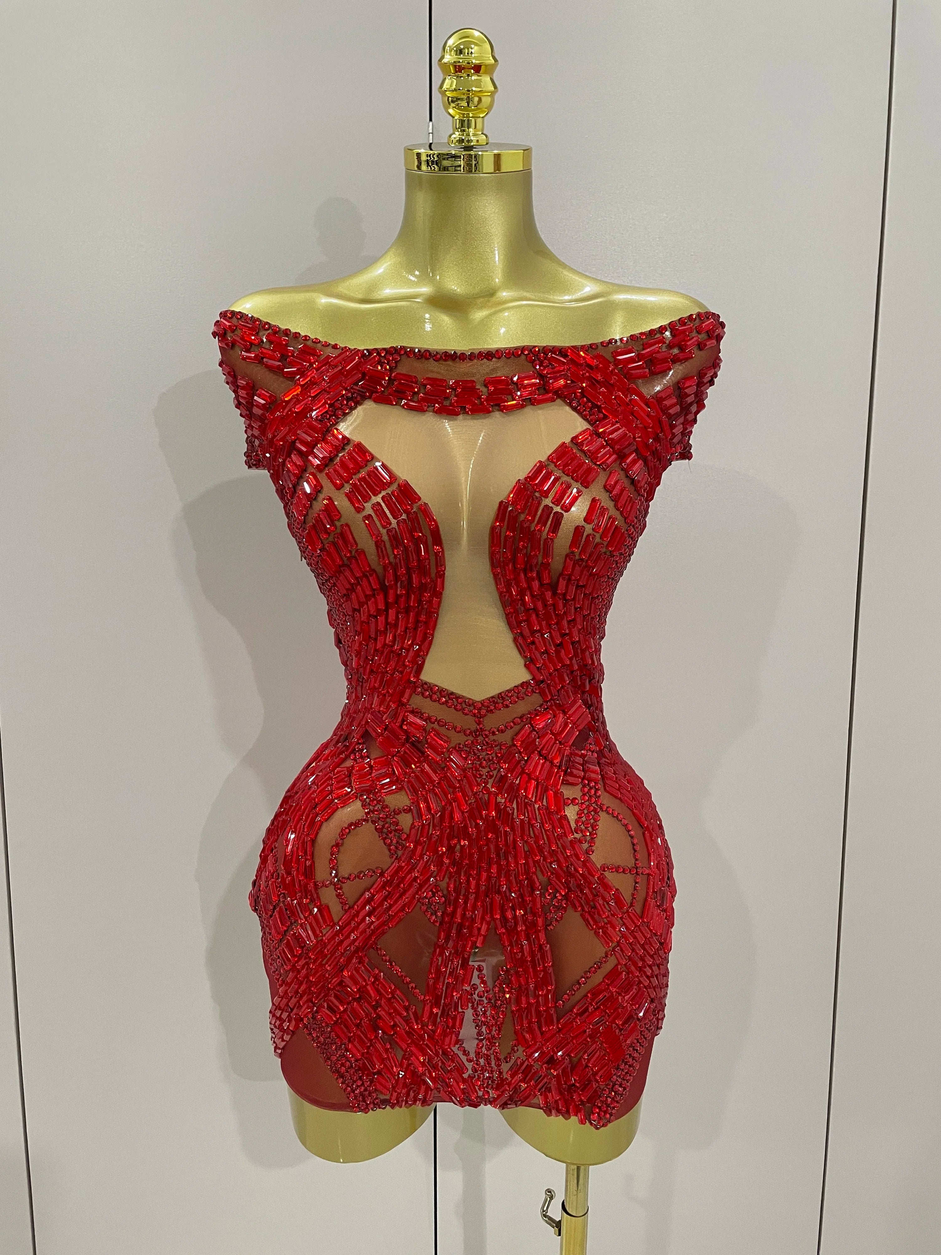 2025 Shining Red Rhinestones Sexy Mesh See-Through Mini Dress Women Celebrate Evening Prom Birthday Party Dress Stage Shoot Wear Red