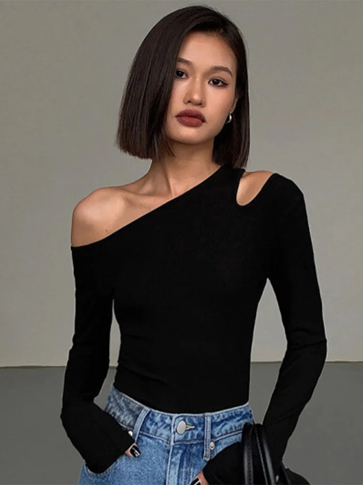 Fashion Skew Collar Off-shoulder Long-sleeved T-shirts Women Spring New Solid Slim Fit Crop Top Sexy Hollow Out Tees Shirts black