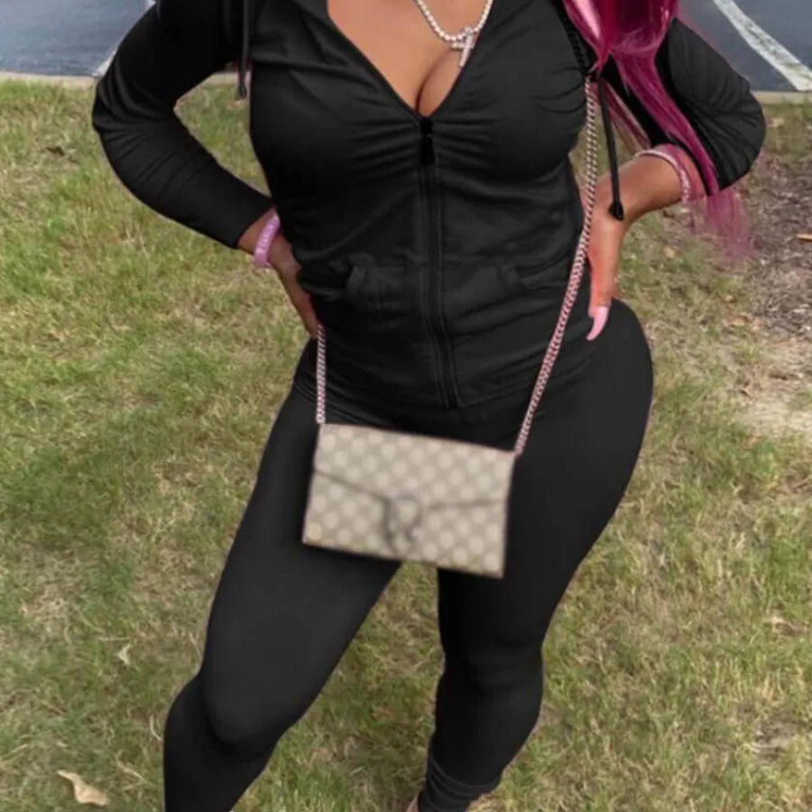 LW Plus Size Autumn Womens Kangaroo Long Sleeve Casual Tracksuit Set Hooded Collar Pocket Design Two Piece Pants Set Outifits black