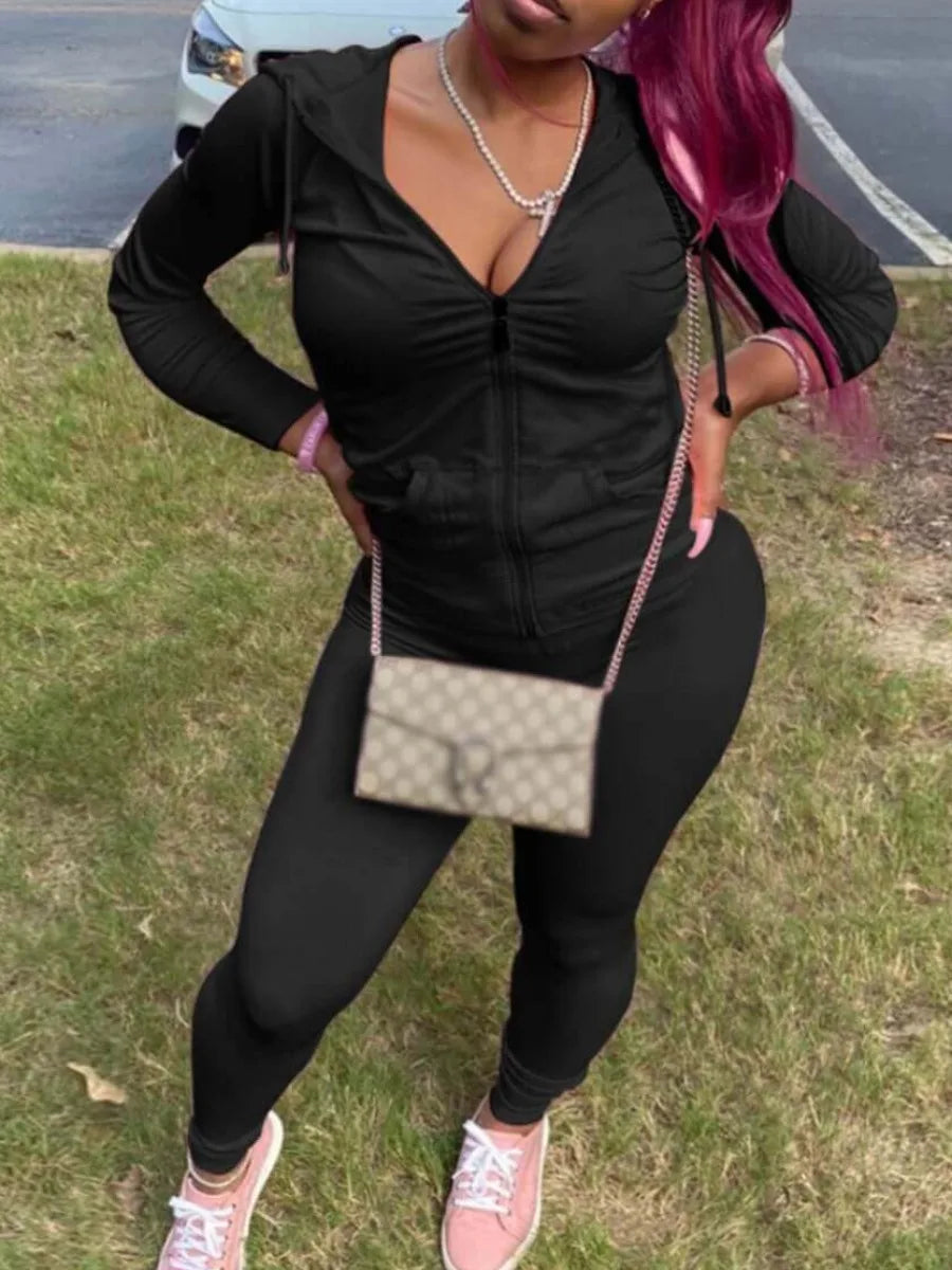 LW Plus Size Autumn Womens Kangaroo Long Sleeve Casual Tracksuit Set Hooded Collar Pocket Design Two Piece Pants Set Outifits black