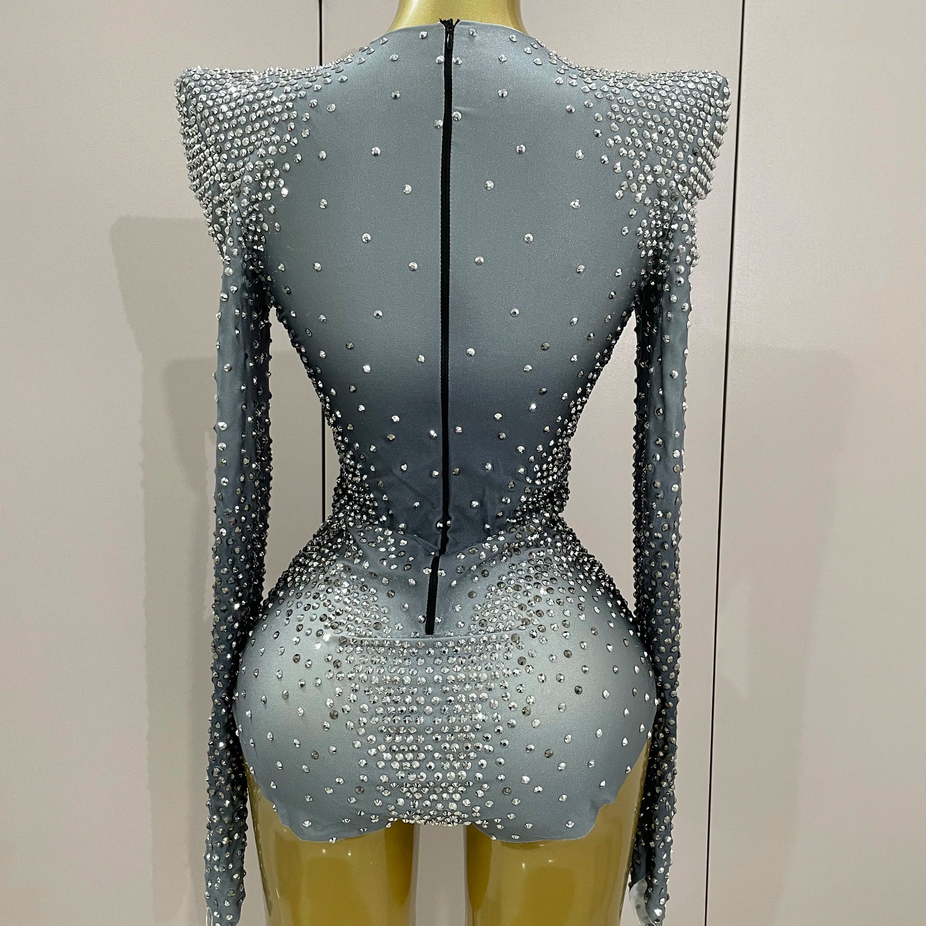 Sparkle Silver Rhinestones Long Sleeve Stretch Bodysuits 2025 New Women Evening Luxury Birthday Party Sexy Nightclub Stage Costu