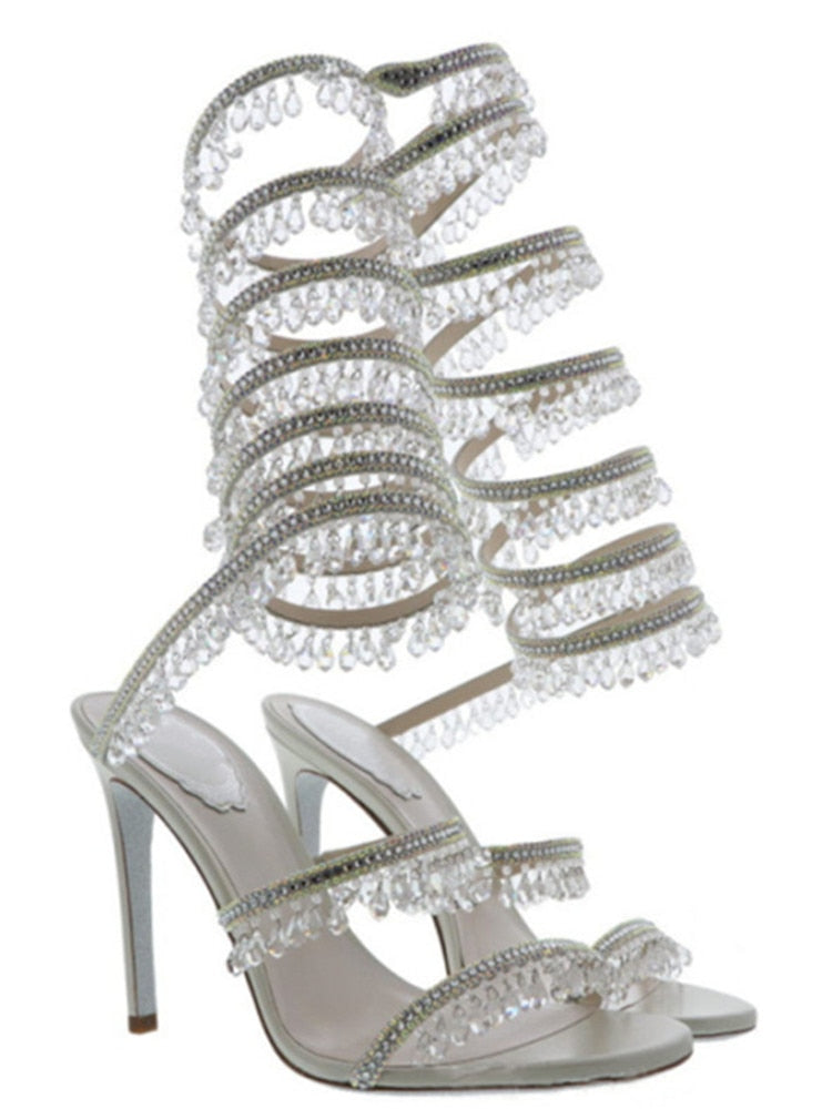 Women's New Rhinestone Sandals Fashion Tassel Crystal Shoes Sexy Nightclub Banquet Party Twining Stiletto Women's Sandals