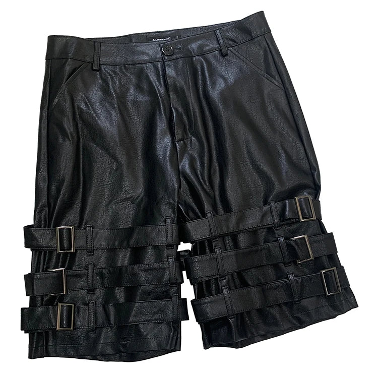 Nerazzurri Summer Autumn Black Faux Leather Shorts for Men with Many Belt Mens High Waist Short Straight Pants Emo Clothes 2025 Black