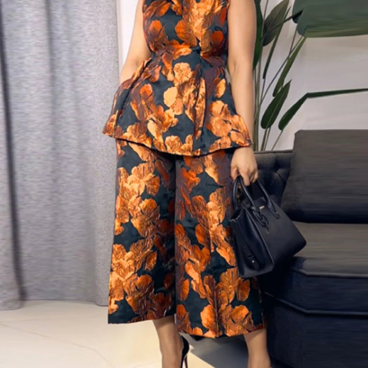 Plus Size 5XL VONDA Women Pant Sets Vintage Printed Sleeveless Satin Silk Tops and Elastic Waist Wide Leg Pants Sets 2pcs Orange