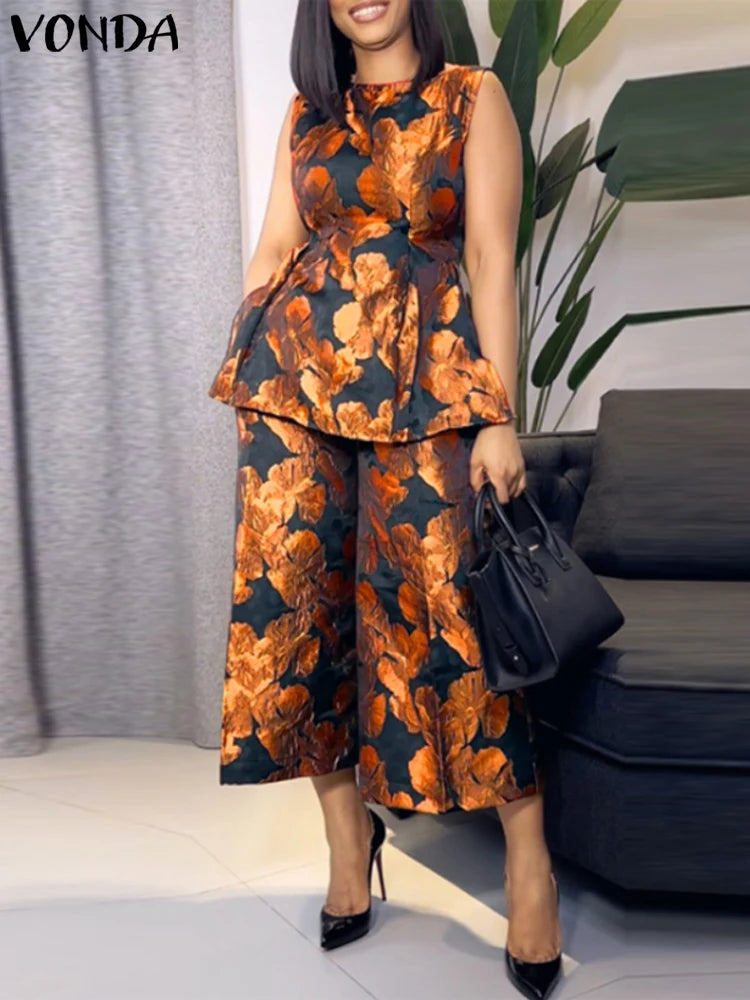 Plus Size 5XL VONDA Women Pant Sets Vintage Printed Sleeveless Satin Silk Tops and Elastic Waist Wide Leg Pants Sets 2pcs Orange