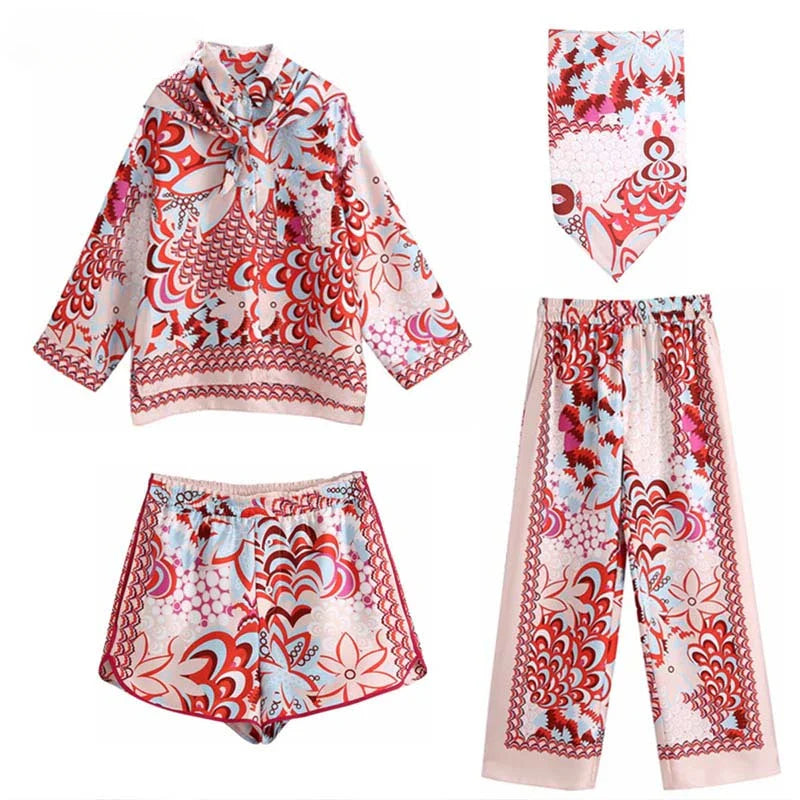 TRAF Woman Print Shirt Suit 2023 Spring Fashion Elegant Ladies Pants Set Lady Vinatge Beach Suits Two Pieces Sets