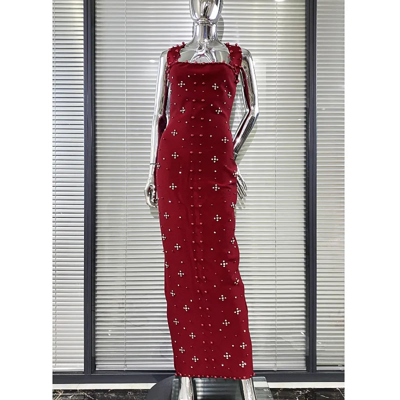 Luxury Shining Diamond Pearl Beading Halter Ankle Length Bandage Dress Elegant Woman Evening Party Vestido Birthday Party Outfit Claret