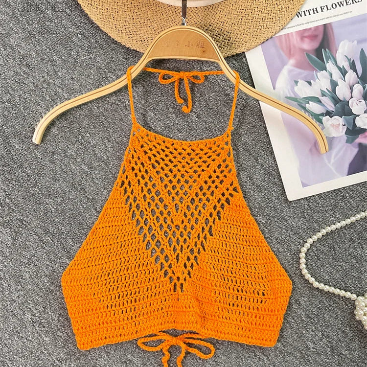 SINGREINY Summer Knit Camisole Women Hollow Out Design Solid Backless Halter Retro Fashion Ladies Sexy Beach Slim Tank Top orange One Size