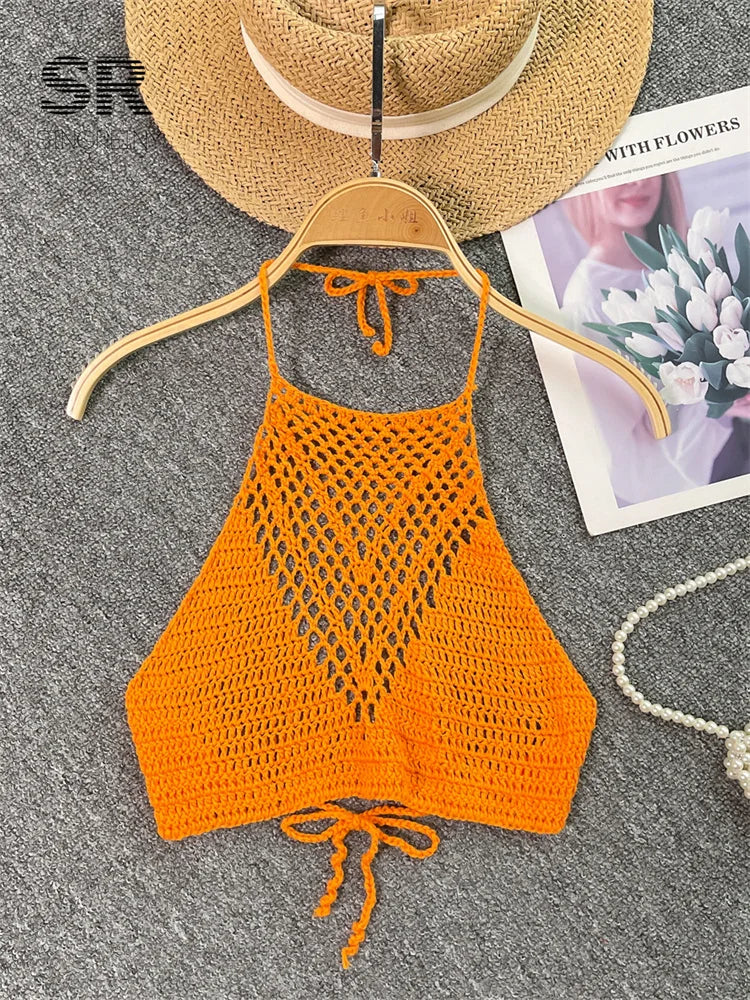 SINGREINY Summer Knit Camisole Women Hollow Out Design Solid Backless Halter Retro Fashion Ladies Sexy Beach Slim Tank Top orange One Size