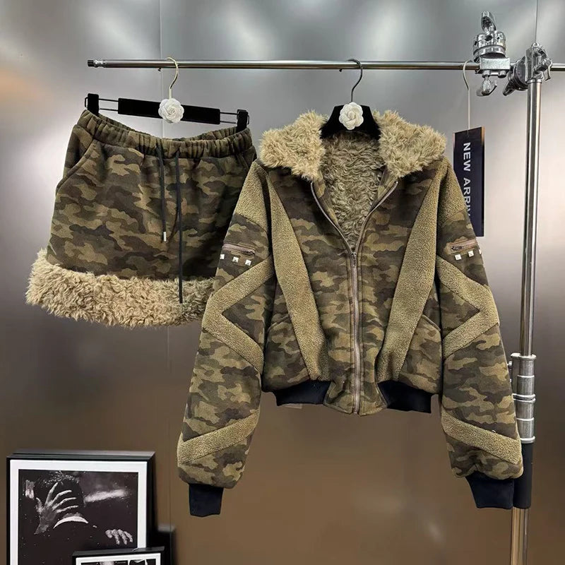 Winter Fashion Camouflage Patchwork Rivet Design Thickened Lamb Wool Coat Skirt Two-pieces Set For Women 11A07538 Camouflage
