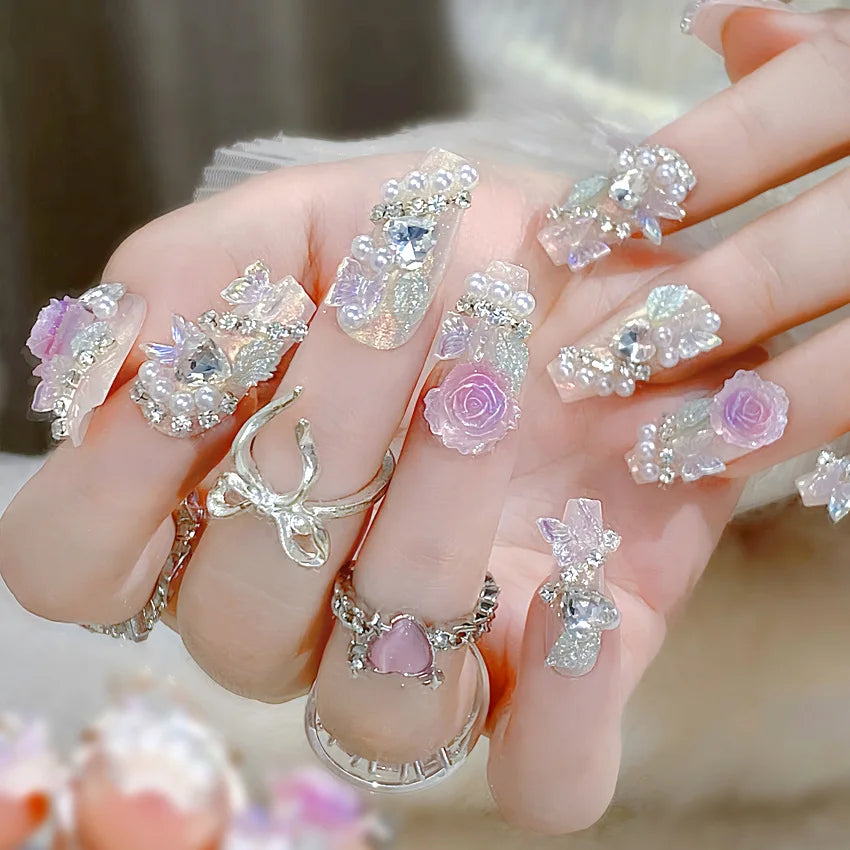 24pcs Love Crystal Decor Press on Nails Pink Bow Design Fake Nail Tips Bride Wedding Wearable Shiny Coffin Head Fake Nails 3