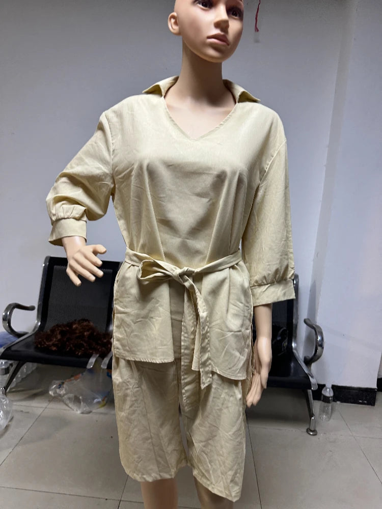 2024 Summer Fashion Plus Size New Matching Collection Women's Shorts Set V-neck Short Sleeves Sports Cotton Linen Two Piece Set