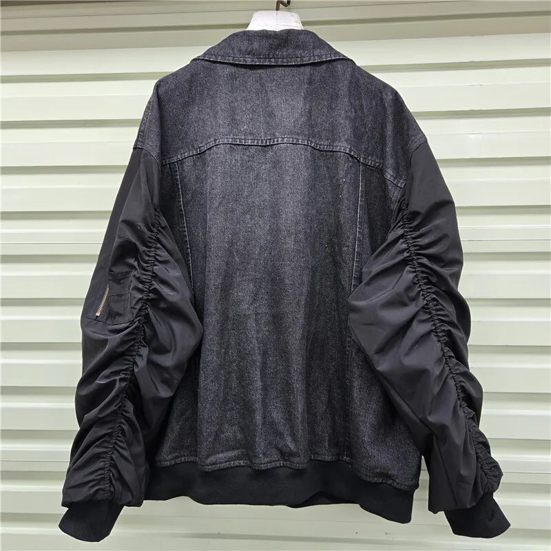 Autumn Winter New Fashion Denim Patchwork Contrast Color Pleated Scimitar Sleeve Jacket For Women Loose Coat 11A07724