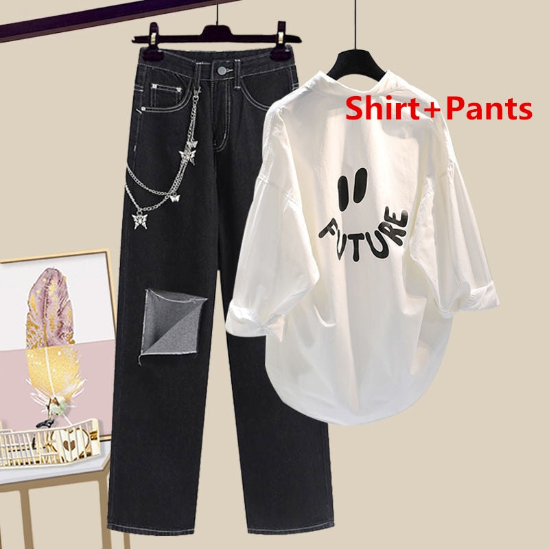 Women Spring Summer Fashion Suit Letter White Shirts Chain Vest Denim Wide Leg Pants 3 Piece Set Lady Casual Streetwear Outfits 2 PCS Set