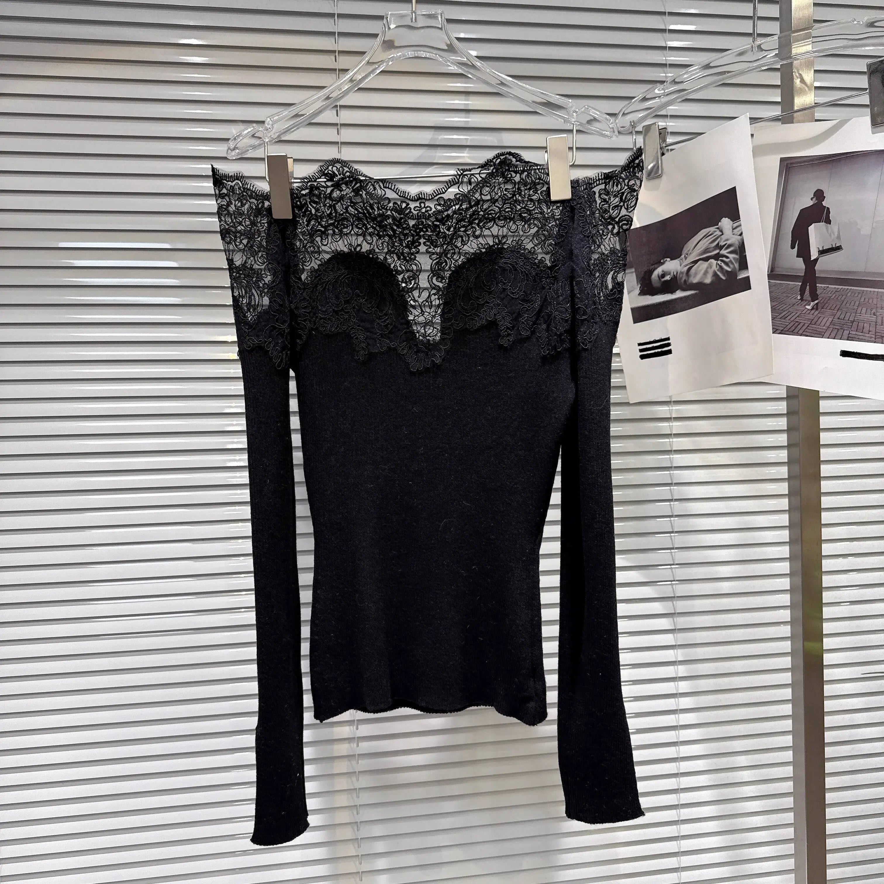 Winter New Fashion Lace Collar Off-Shoulder Knitted Sweater For Women Versatile Slim Fit Pullover Female 11A07773 Black One Size