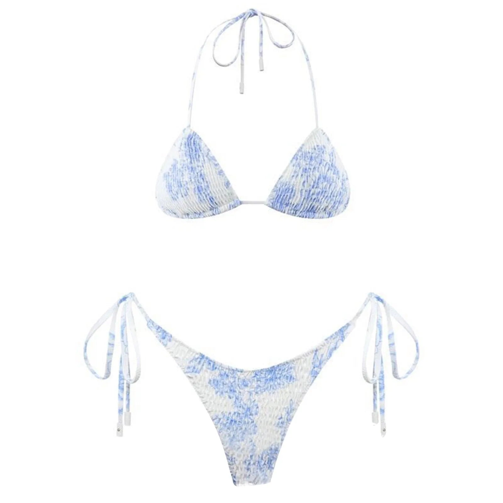 Womens Girls Sexy Bikini Swimsuit Stylish Tie-Dye Wrinkled Tankini Sets Halter Neck Lace Up Micro Bikini Swimwear Hawaiian Wear D