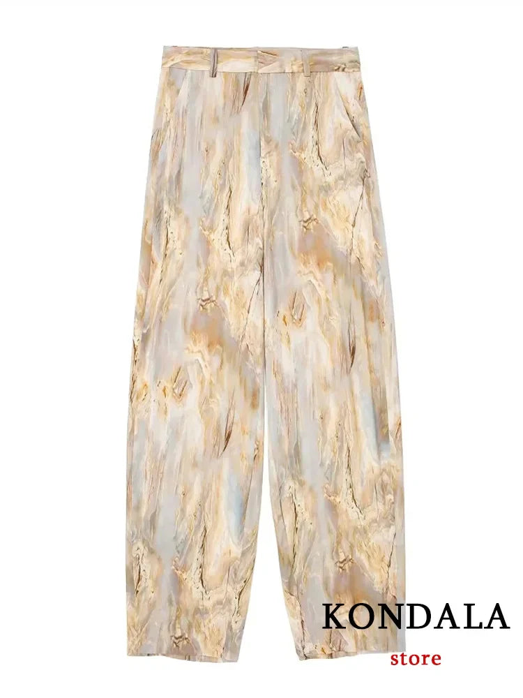 KONDALA Vintage Tie Dye Print Women Suit V-Neck Long Sleeve V Neck Shirts+High Waist Straight Loose Pants Fashion Sets Pants
