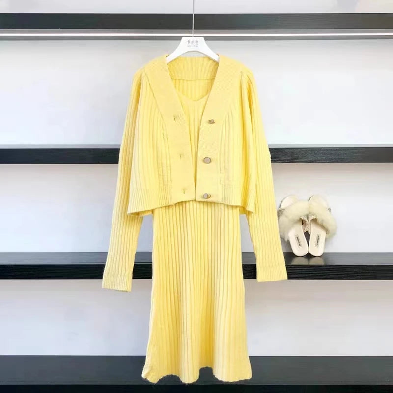 Sweater Set Casual Pullovers Suits Slip Dress For Women Slim Solid Autumn Winter Knitted Long Sleeve Elegance Elastic Sweet C yellow