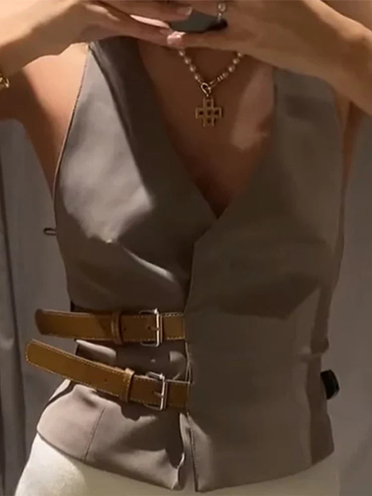 Fashion Leather Belts V-neck Halter Vest Women Elegant Sleeveless Backless Female Tanks Y2k Spring Summer Lady Waistcoat