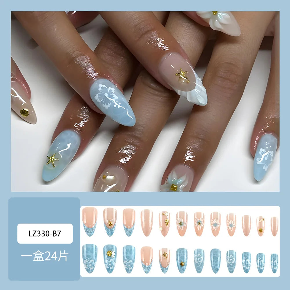 24pcs Sweet Pink Flower Press on Nails Ins Pink Blush Almond False Nails Wearable Reusable Fashion Korean Fake Nails for Women 3