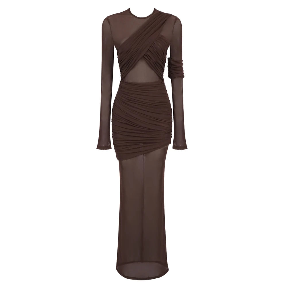Mesh Ruched Long Dress For Women Fashion Zipper Patchwork See Through Long Sleeves Pleated Cocktail Club Party Wear Brown