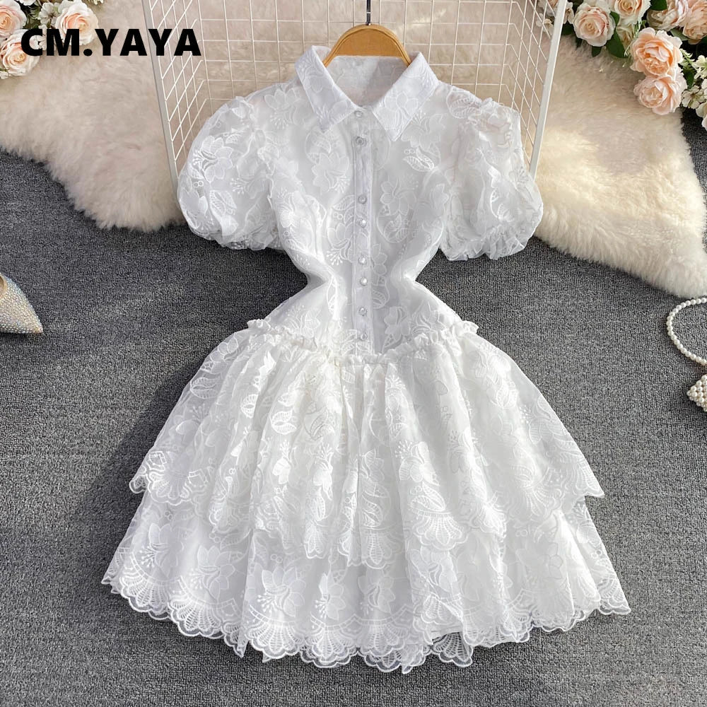CM.YAYA Women Short Sleeve Lace Embroidery A-line Tiered Mini Dress 2025 Sweet Elegant Sexy Evening Night Party Vestidos Dresses