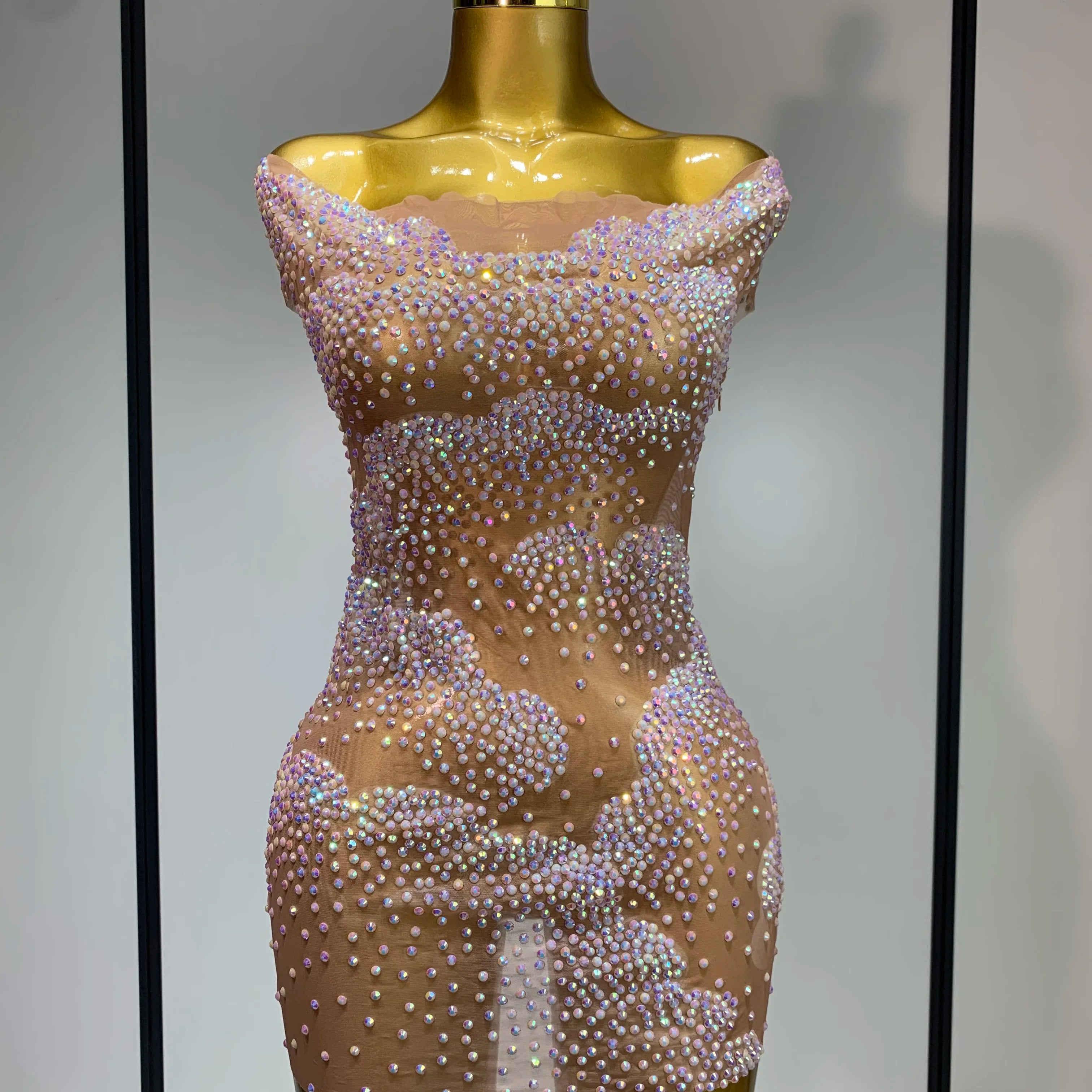 Women Sexy Mesh See Through Mini Dress Celebrate Birthday Evening Party Dress Luxury Rhinestones Stage Performance Costume Khaki