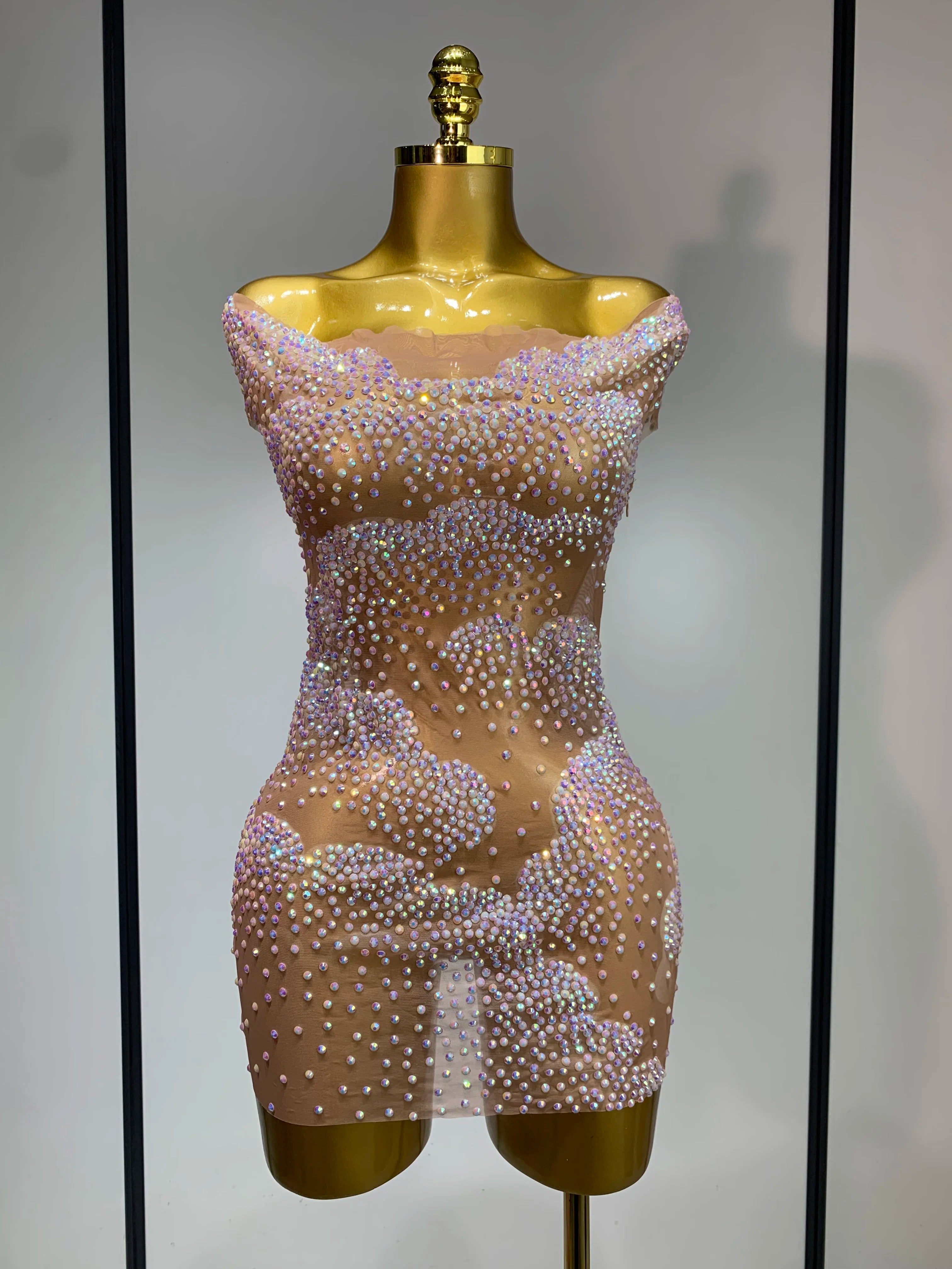 Women Sexy Mesh See Through Mini Dress Celebrate Birthday Evening Party Dress Luxury Rhinestones Stage Performance Costume Khaki