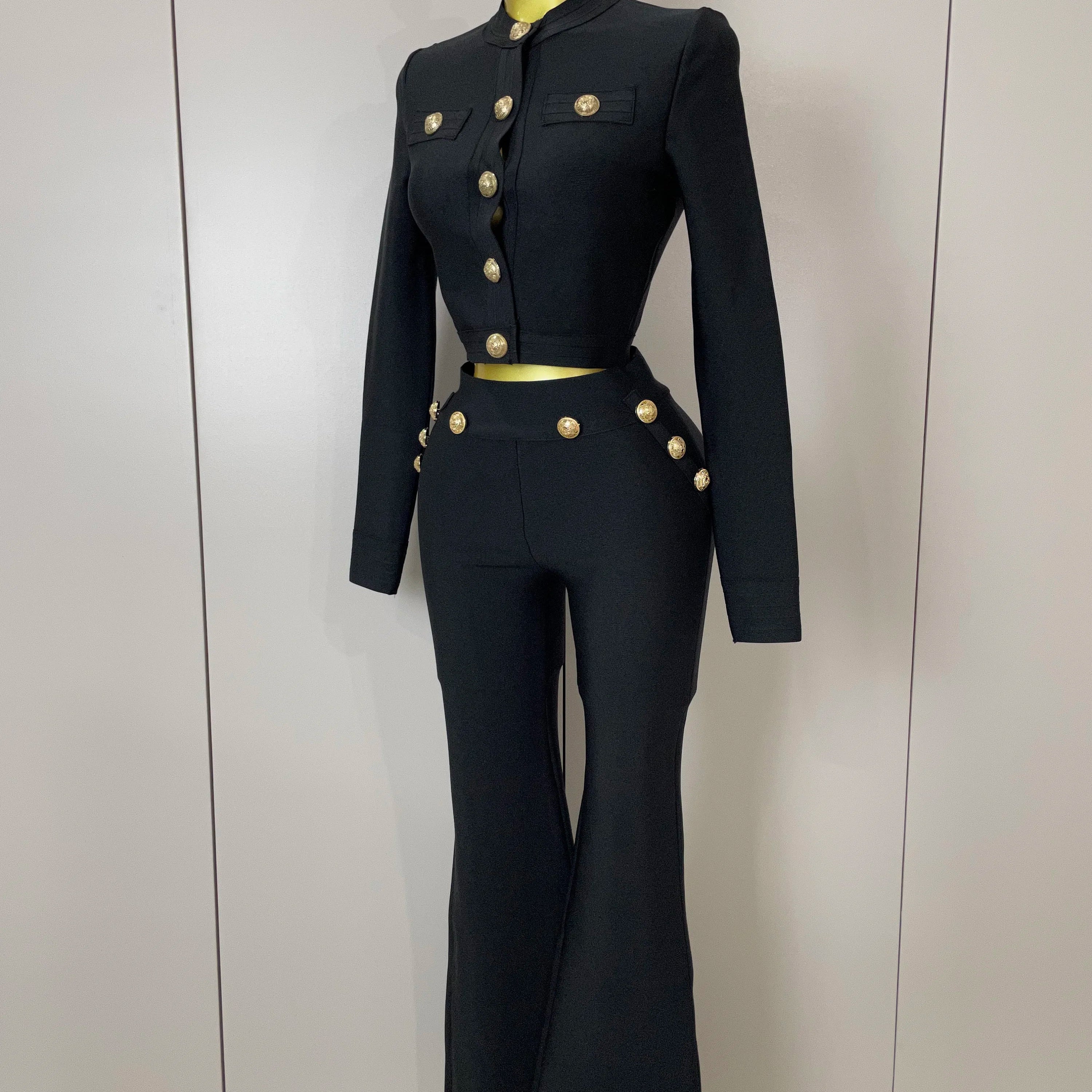 2025 New Golden Buttons Short Coat Top And Flare Pants Bandage 2 Pieces Set Woman Celebrity Evening Party Vestidos